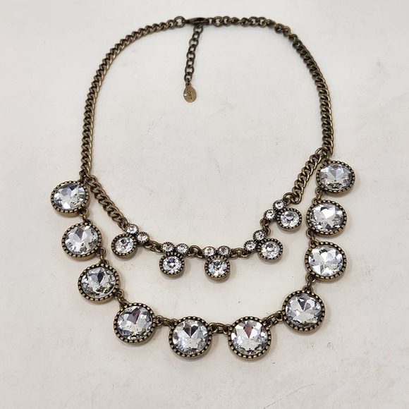 LOFT Ann Taylor Antiqued Gold Tone Clear Rhinestone Necklace Layered Statement - Picture 3 of 6